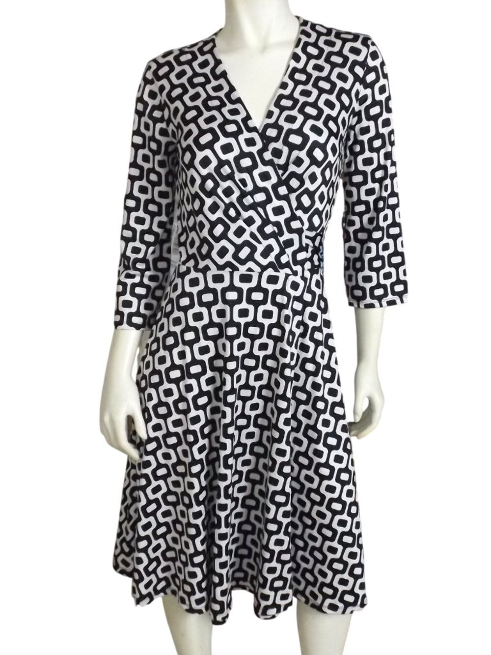 LESLEY EVERS Wrap Dress, S, Black/White Geometric/Link print, 3/4 sleeves